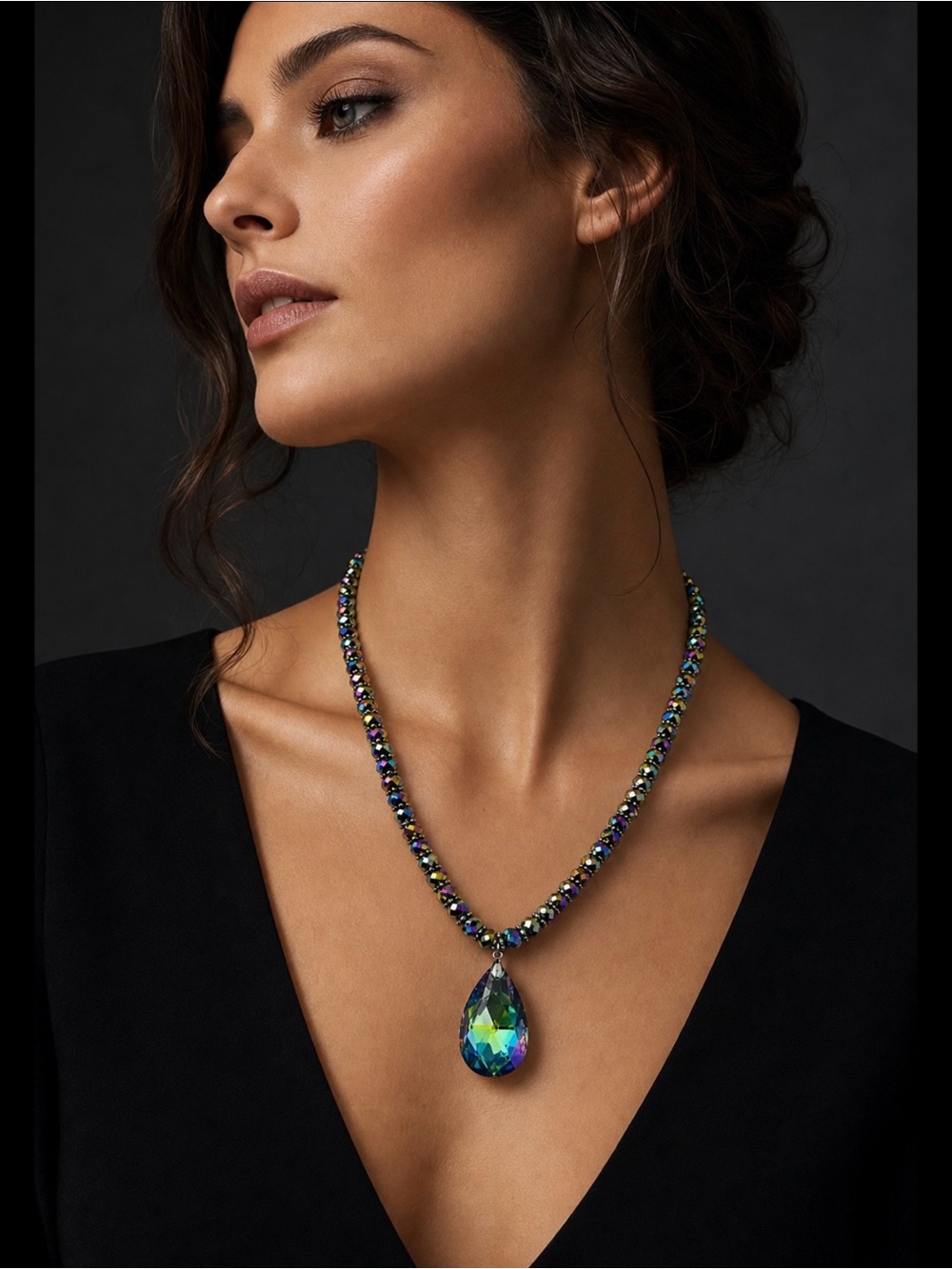 Handcrafted Iridescent
Beaded Necklace with Teardrop Crystal Pendant 18”